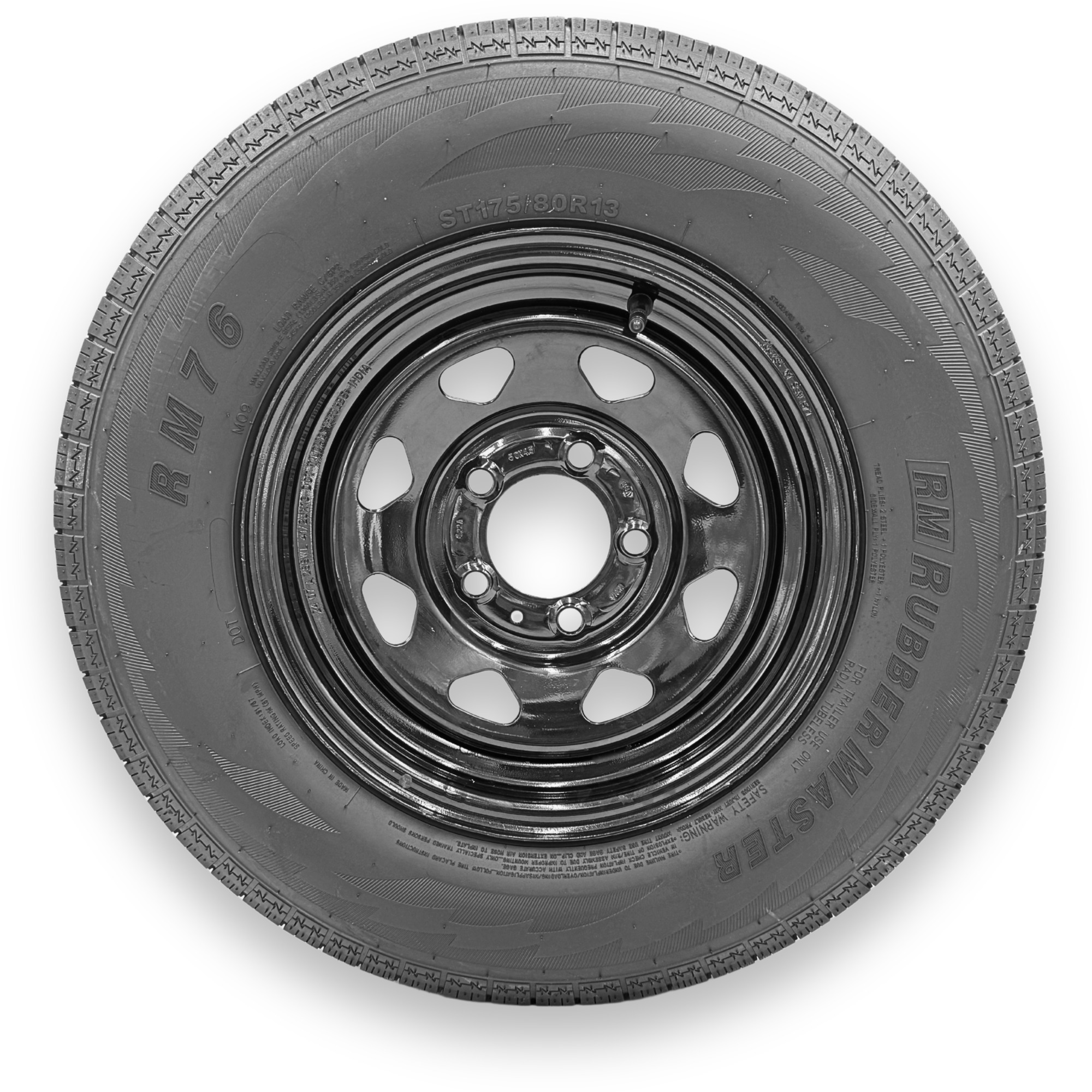 RubberMaster ST175/80R13 6 Ply TL Highway Rib Tire on a 5 on 4.5 Bolt Black Eight Spoke Wheel
